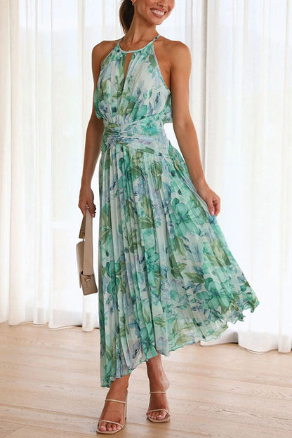 Isabela - Vestido midi plisado con flores y escote abierto.
