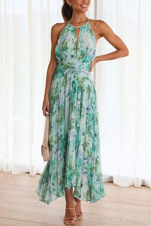 Isabela - Vestido midi plisado con flores y escote abierto.