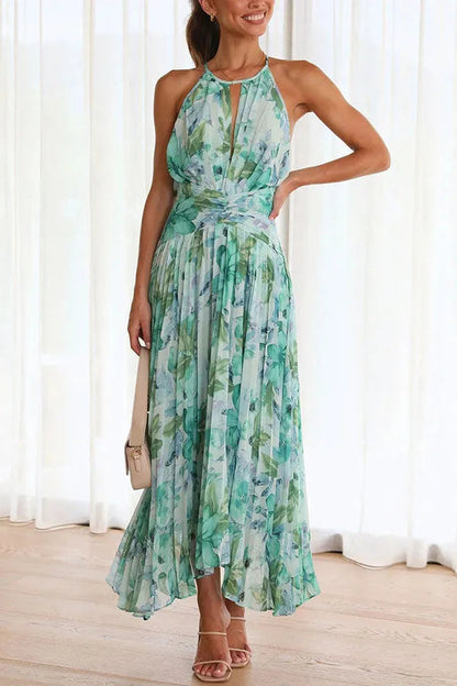 Isabela - Vestido midi plisado con flores y escote abierto.