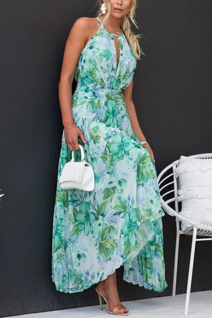 Isabela - Vestido midi plisado con flores y escote abierto.