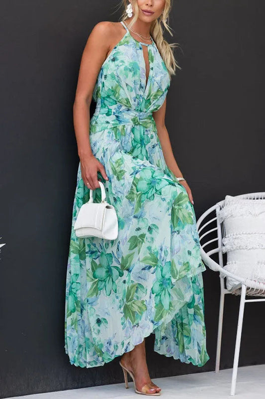 Isabela - Vestido midi plisado con flores y escote abierto.